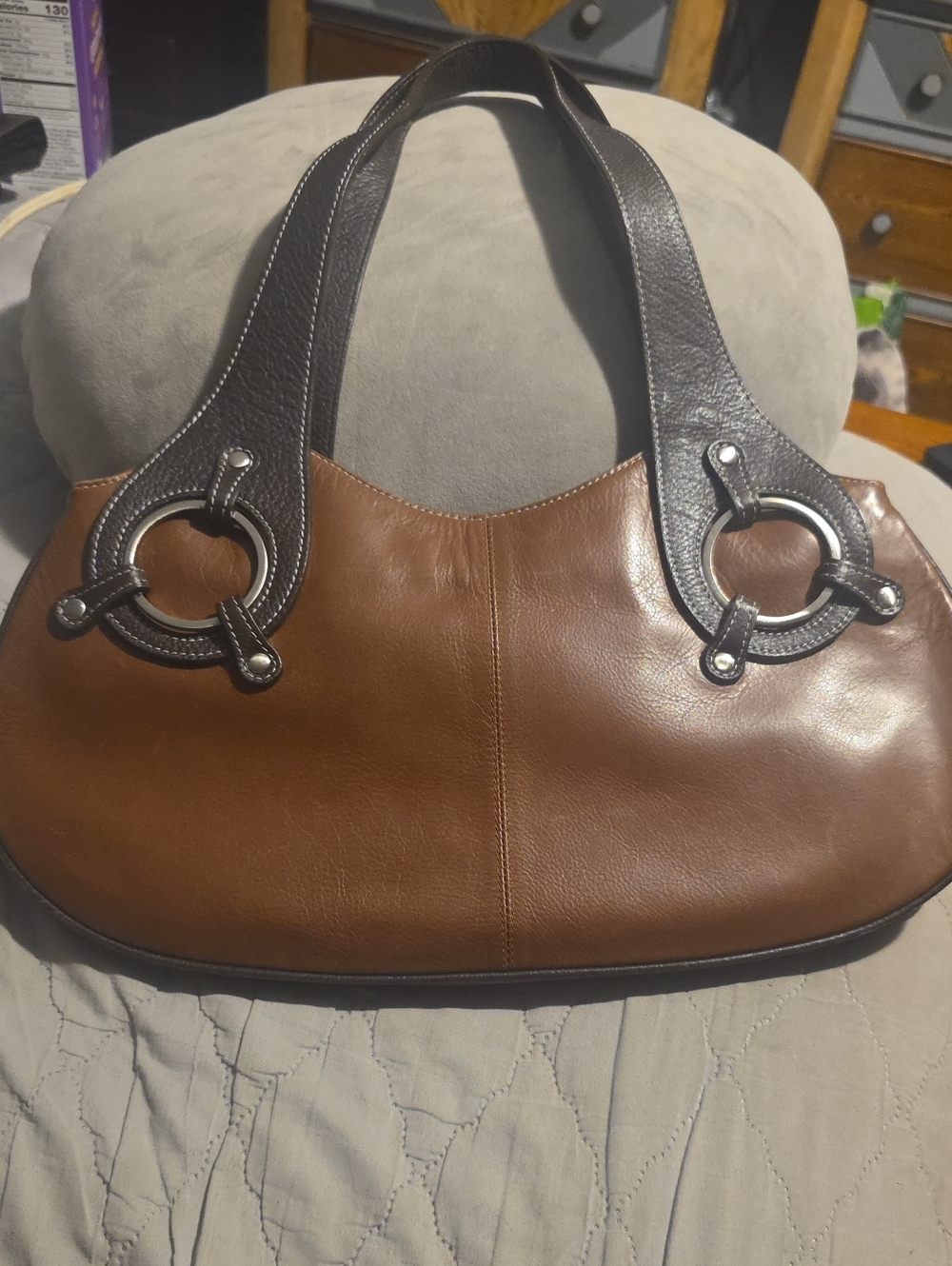 Sophia Visconti Tan Leather Shoulder Bag with Dark Brown Straps